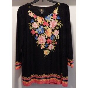 JM Collection Women's Sz 2XL Jacquard Knit DEEP BLACK CB Floral Blouse Top